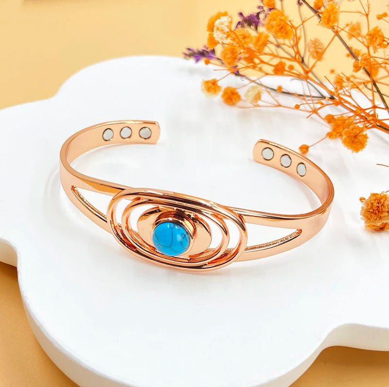 Adjustable Copper Magnetic Bracelet for Women with Turquoise Inlay - Gift Jewelry