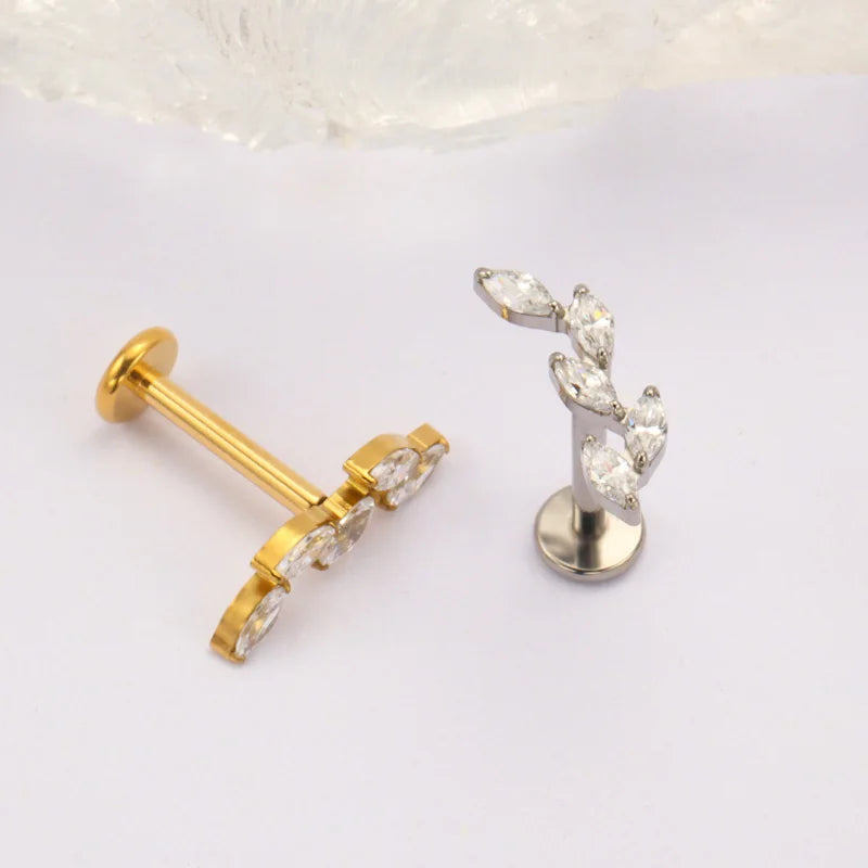 Titanium Body Piercing Earring with CZ Marquise Climber, 16G-18G, Flat Back