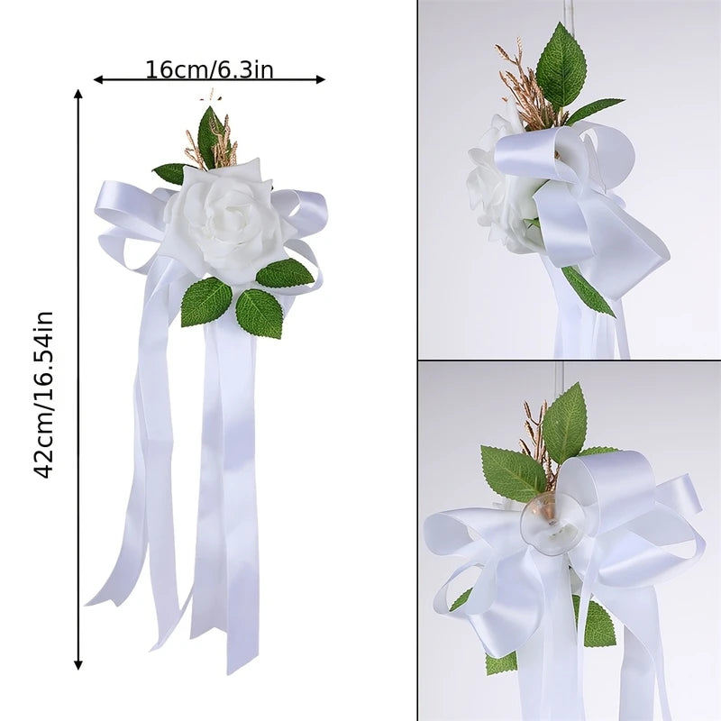 Wedding Car Door Decorations White Rose Bow Ribbon Customizable Vehicle Ornament