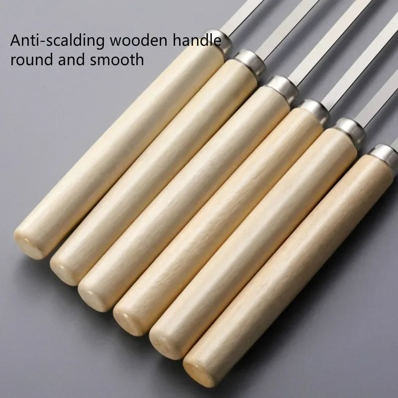 Reusable Stainless Steel BBQ Skewers with Wooden Handles - Heat-Resistant & Anti-Scalding, 5/10 Pack