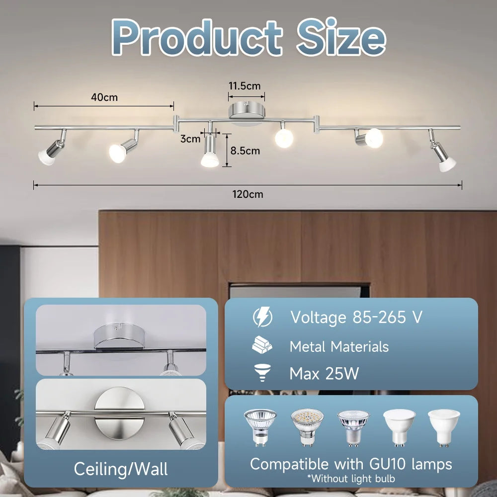 Modern Rotatable Ceiling Track Light with GU10 Bulb Holder - 6-Head LED Chandelier for Kitchen Living Room Home