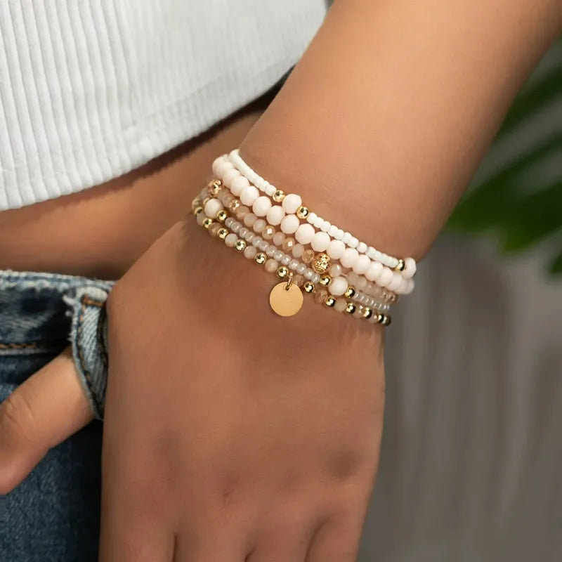 Charm Resin Beaded Bracelet Set for Women - Elastic Chain Jewelry Pack