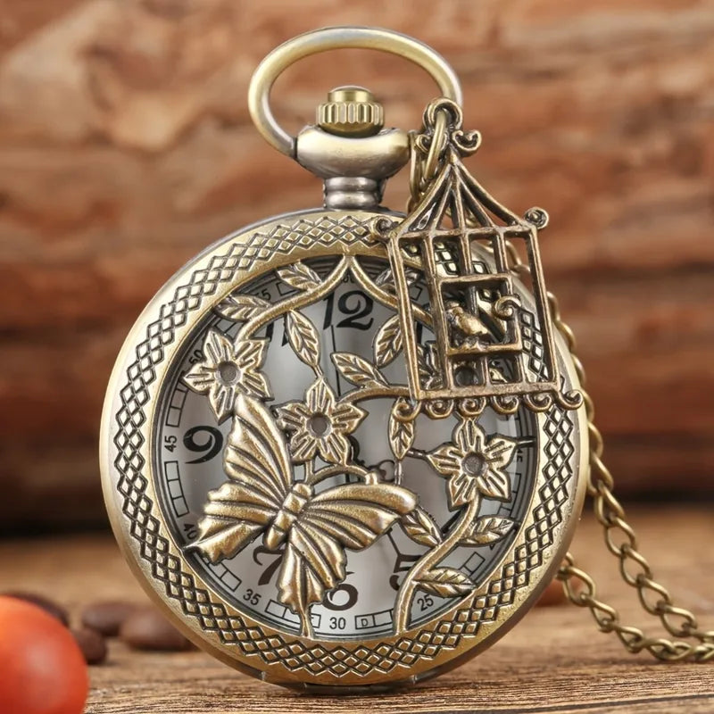 Vintage Bronze Butterfly Pocket Watch with Birdcage Pendant and Necklace Chain – Men Women Gift