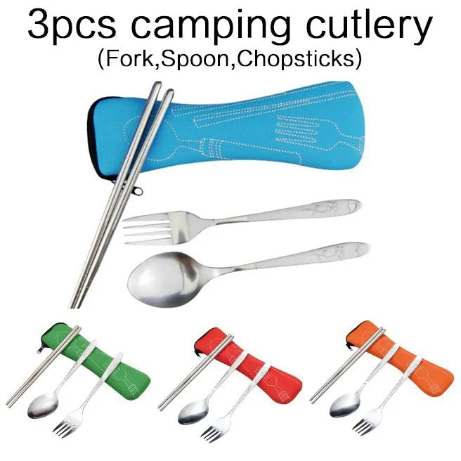 Portable Stainless Steel Cutlery Set for Camping - Fork, Spoon, Knife & Chopsticks with Bag