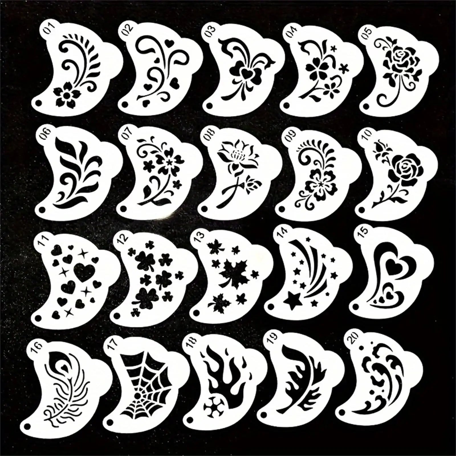 Reusable Face Painting Stencils with Floral, Web, Heart Patterns - Washable & Durable Plastic Set