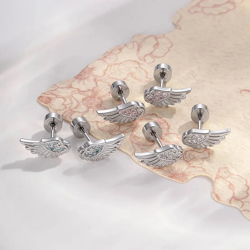 Hypoallergenic Titanium Earring Stud for Women and Girls - Angel Wing Design, Flat Back Body Jewelry