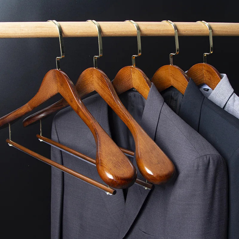 Wooden Wide Shoulder Coat Hanger - Retro Flocking Rod for Closet & Wardrobe