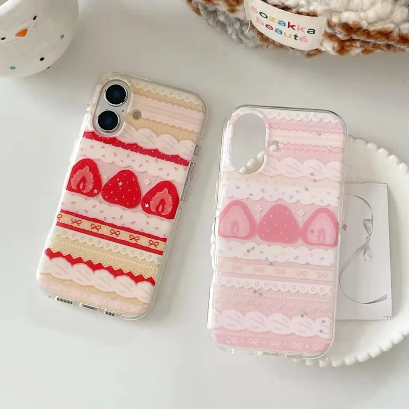 Cream Strawberry Cake Lace Bowknot Phone Case for iPhone - Shockproof Silicone Cover