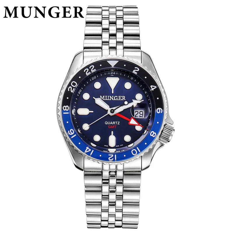 Men's 42mm GMT Quartz Watch with Luminous Hands Waterproof Stainless Steel