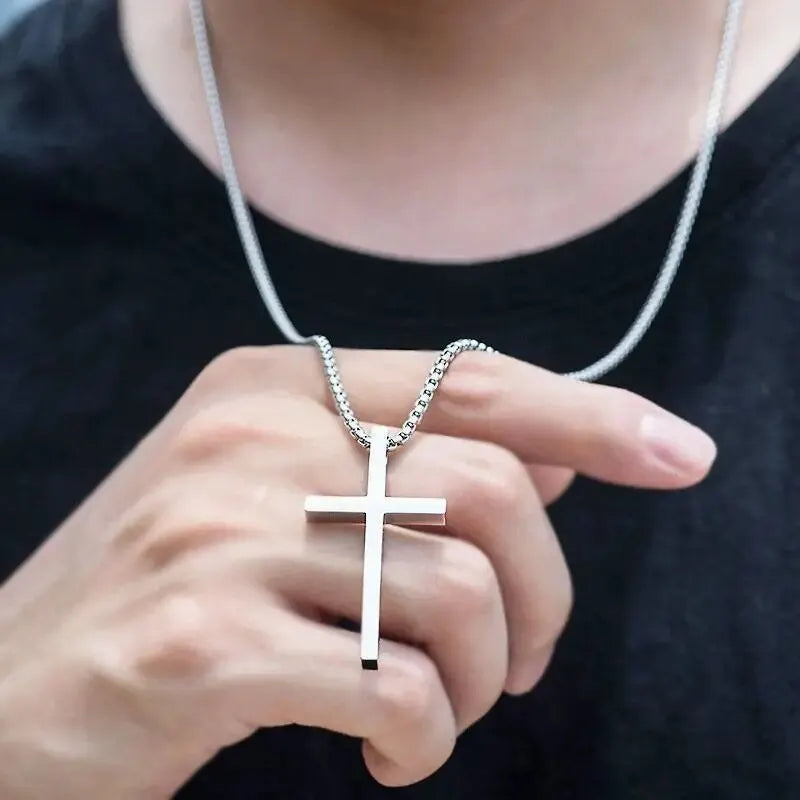 Geometric Cross Pendant Necklace for Women Men Silver Chain Jewelry Choker