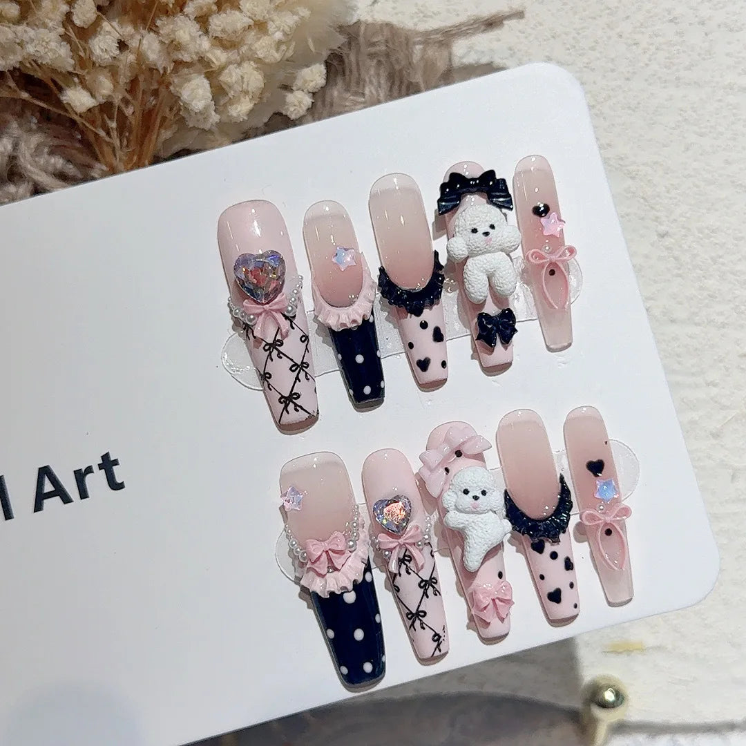 10 Pcs Long Fake Nails with Cute 3D Rabbit French Style White Tips - Handmade Press On Nails