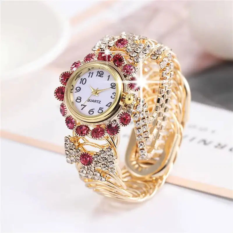 Fashion Women's Quartz Watch with Rhinestones and Adjustable Bangle