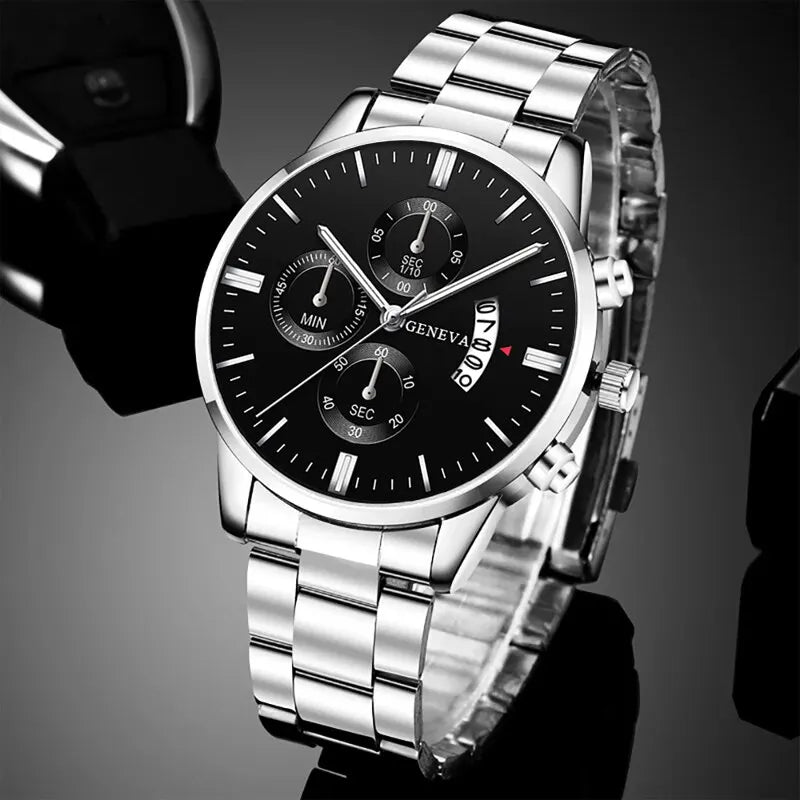 Men's Luxury Silver Stainless Steel Quartz Watch with Calendar