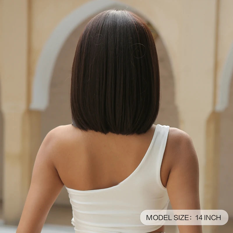 Short Straight Black Wig with Fluffy Bangs for Women Synthetic Heat-Resistant Fiber