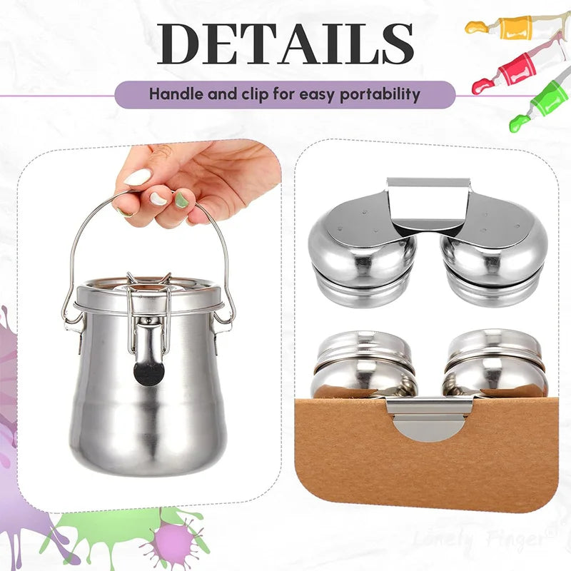 Paint Brush Cleaner Cup Airtight Stainless Steel Double Dipper Portable Wash Basin