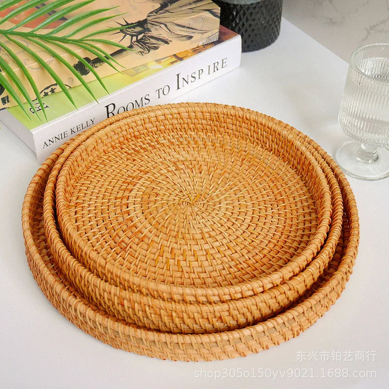 Hand-Woven Vietnam Rattan Round Tray Basket Japanese Style Bread Storage Organizer