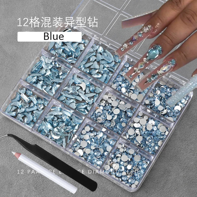Multi-Shaped Nail Art Rhinestones Kit with Pen & Tweezers - 12 Grids Champagne Gold