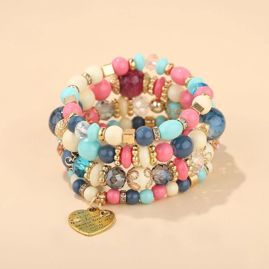 Bohemia Beaded Bracelet Set for Women and Men - Heart Charm Elastic Chain Jewelry