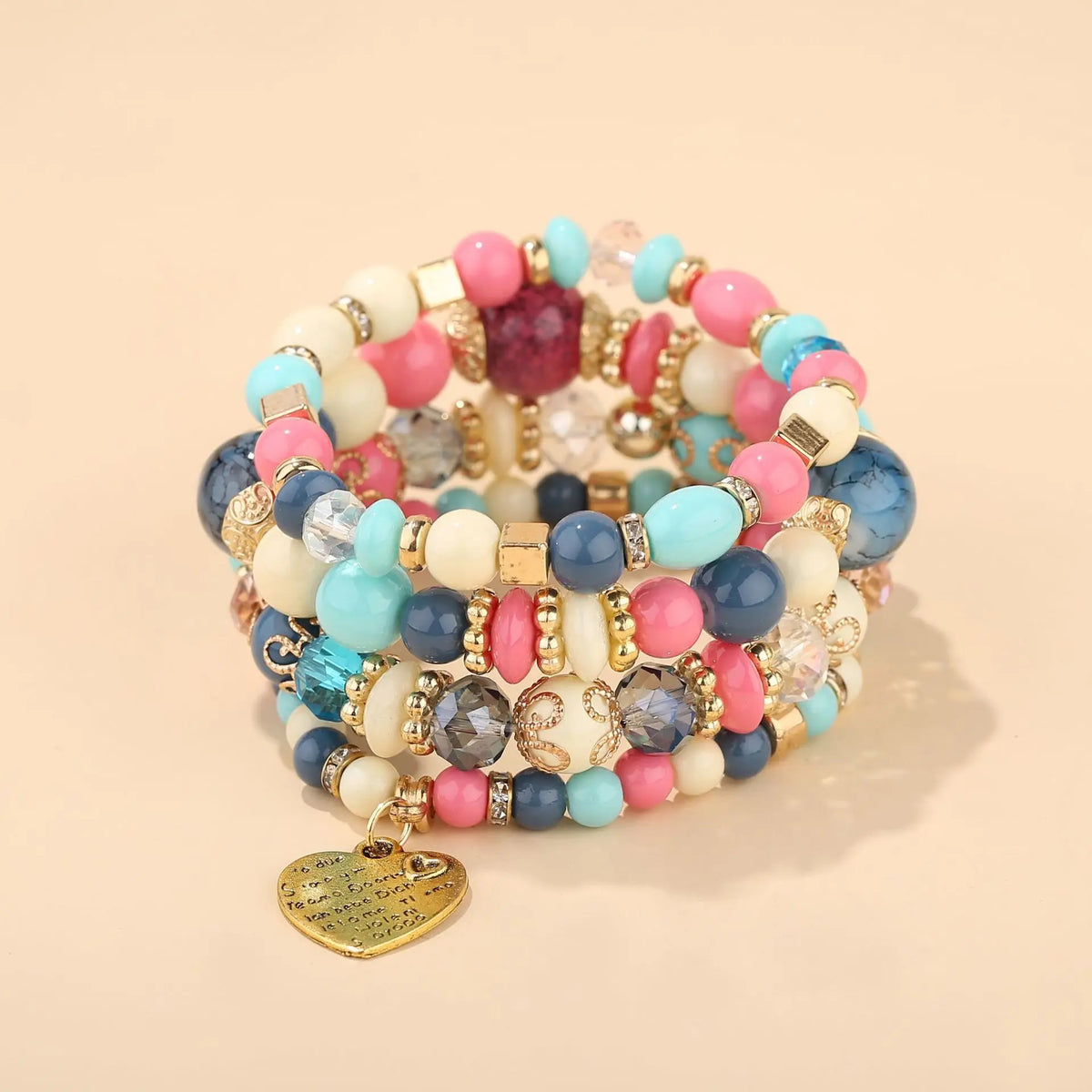 Bohemia Beaded Bracelet Set for Women and Men - Heart Charm Elastic Chain Jewelry