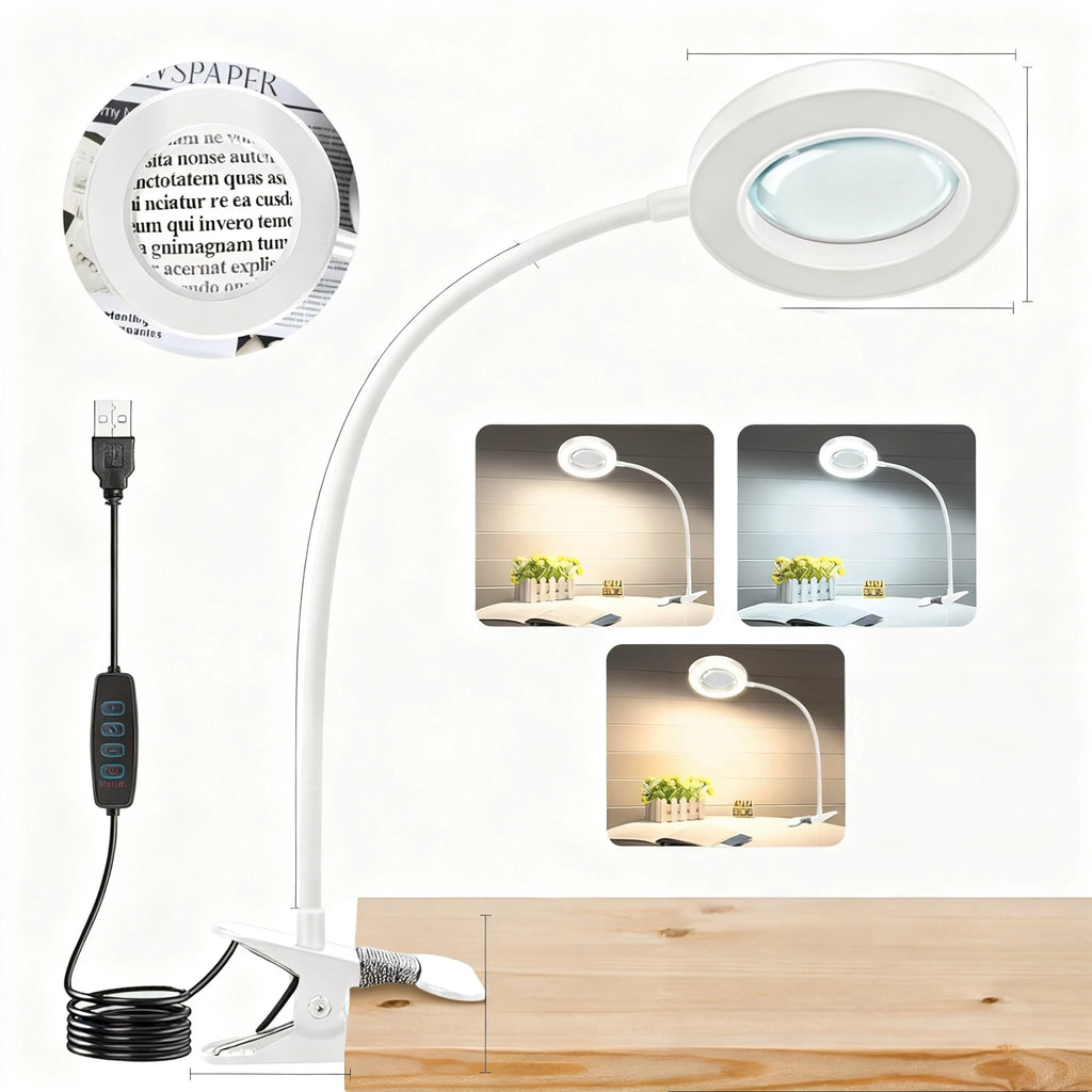 LED Clip-On Magnifying Desk Lamp 5X Magnifier Dimmable Adjustable Light