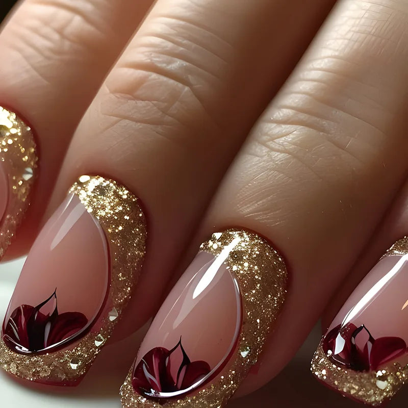 24 Pcs Short Glitter Fake Nails with Flowers and Starry Sky Design - Press On Art Tips, Multiple Colors
