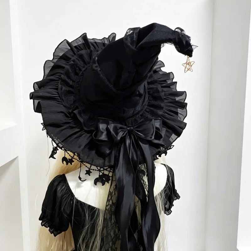 Velvet Lace Witch Hat with Moon Pendant - Halloween Costume Party Accessory