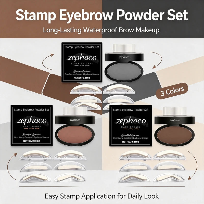 Waterproof Eyebrow Stamp Kit with 3 Shapes & Long-Lasting Powder - Natural Brow Makeup