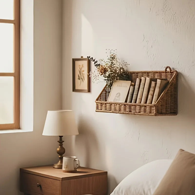 Rustic Wall-Mounted Woven Rattan Basket with Hooks for Bathroom Kitchen Bedroom