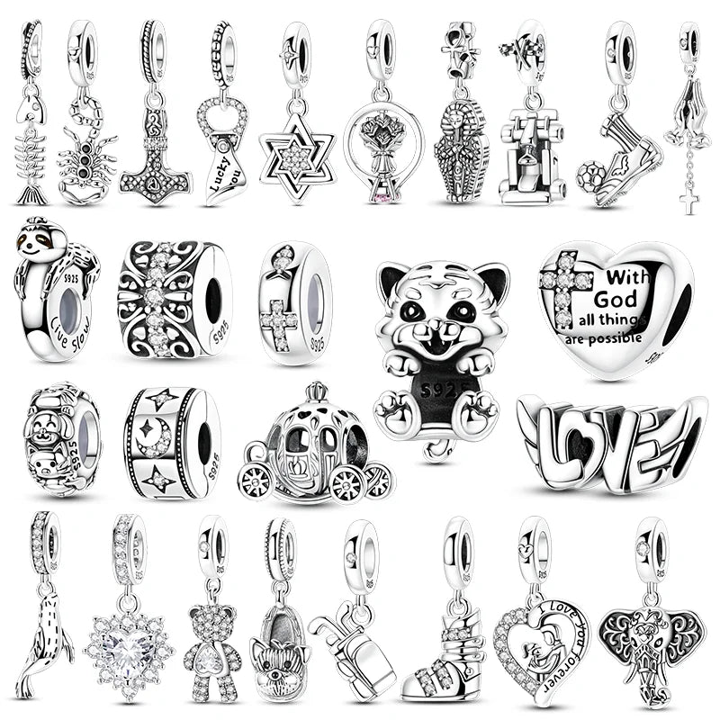 925 Silver Charms Set for Jewelry Making - Tiger Fish Bear Elephant Stars - Gift for Women