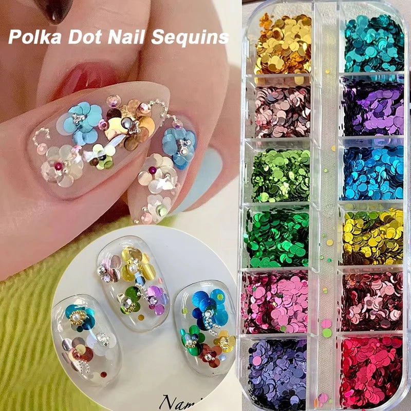 3D Flower & Polka Dot Nail Art Sequins Set - Multiple Colors, 12 Grids, 1-3mm Glitter Flakes for Manicure
