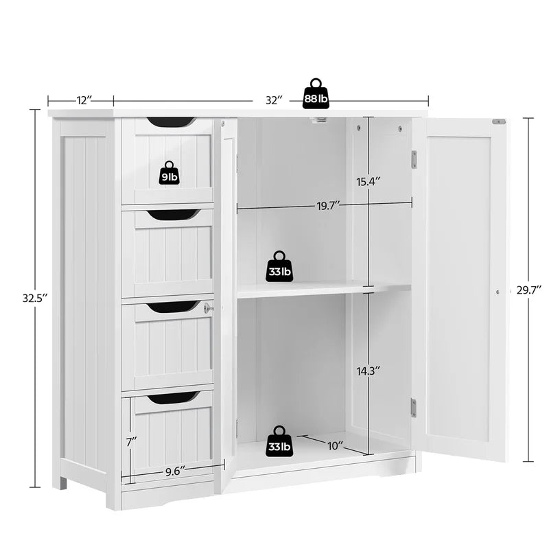 Wooden Bathroom Floor Cabinet with 4 Drawers & Double Doors, White Freestanding Storage Organizer