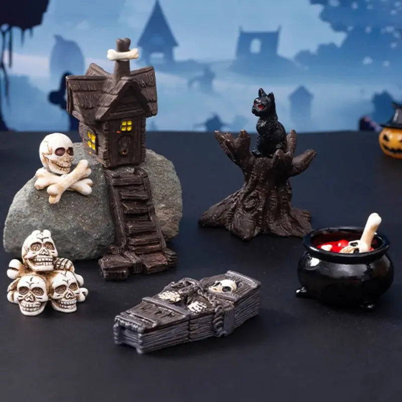 Halloween Miniature Figurine Bone Skull Coffin House Chair Ghost Decor Resin