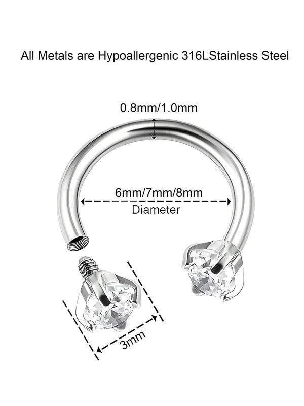 Steel Horseshoe Nose Ring with CZ Septum Hoop and Lip Piercing Jewelry