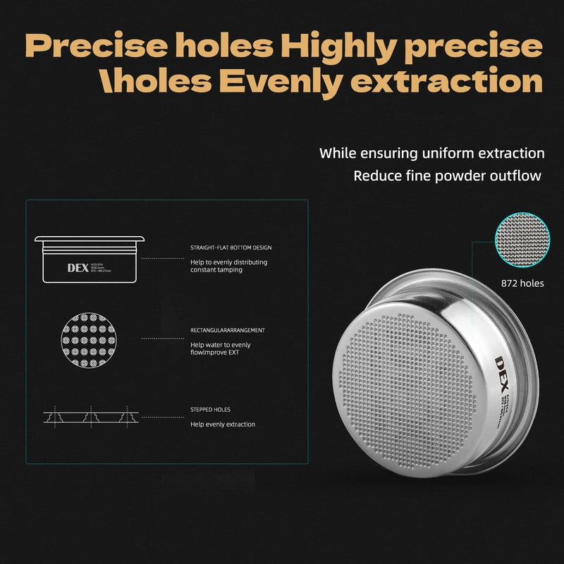 58mm Espresso Coffee Filter Basket with Puck Screen – Precise 872 Hole Design, Food-Grade Stainless Steel