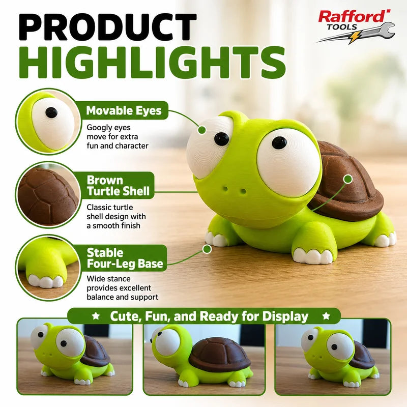 Cute Turtle Figurine - 3D Printed Animal Desk Ornament with Movable Eyes