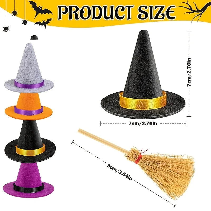 12pcs Mini Witch Hat and Broom Set Halloween DIY Decorations Party Accessories