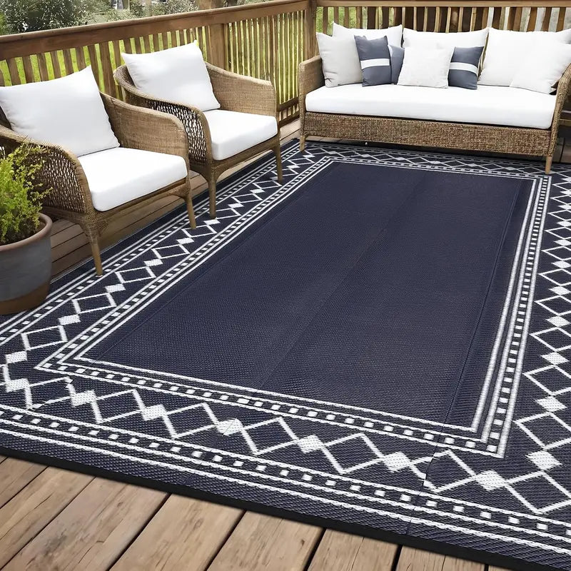 Waterproof Plastic Straw Outdoor Rug - Washable Geometric Living Room & Patio Carpet