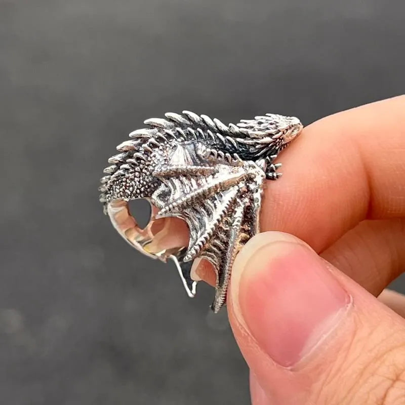 Gothic Dragon Ring with Pterosaur Wings - Adjustable Vintage Jewelry for Men Women
