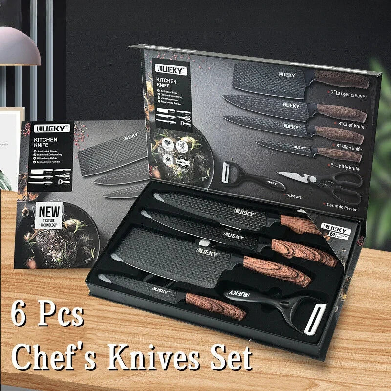 6-Piece Stainless Steel Kitchen Knife Set with Wooden Handles - Sharp & Durable