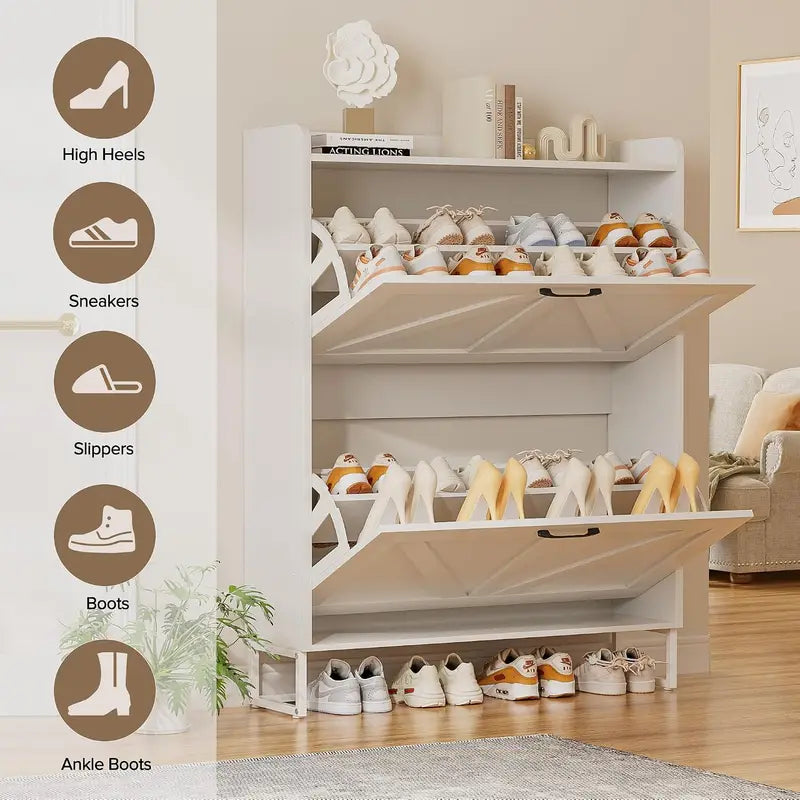 Narrow Wooden Shoe Cabinet with 2 Flip Drawers, Multi-Size Storage for Entryway