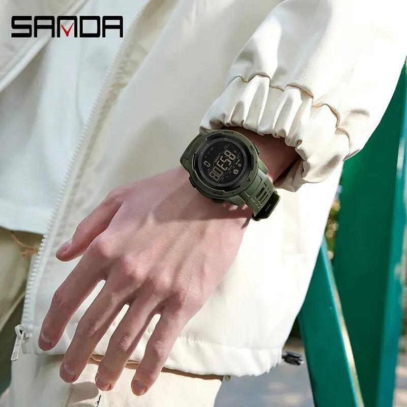 Digital Sports Watch with Pedometer and Waterproof LED Display - Military Style