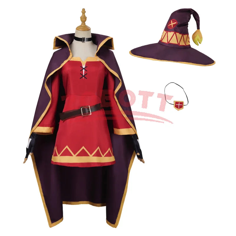 Anime Megumin Cosplay Costume Set - Sekai ni Shukufuku wo! Girls Costume with Cloak & Wig