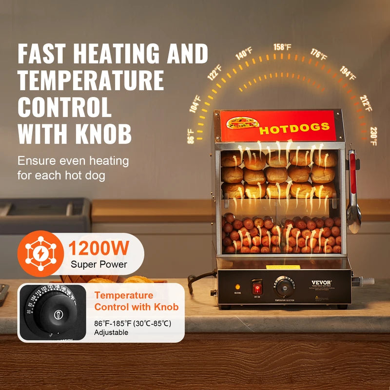Stainless Steel Hot Dog Steamer with Temperature Control 27/37L Dual Tiers