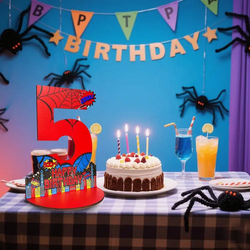 Spider Theme Birthday Number Sign Centerpiece Wooden Table Decor Photo Prop
