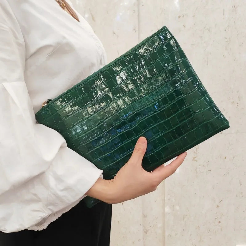 Women’s Crocodile Leather Envelope Clutch Bag Large Evening Party Handbag