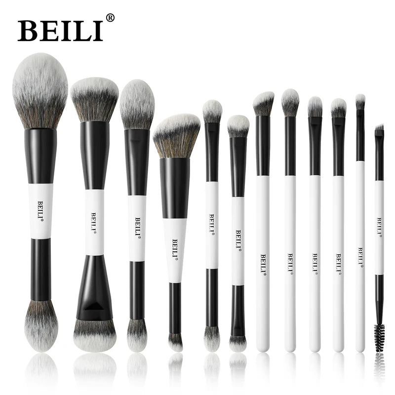 Dual-Ended Makeup Brush Set - 12 Vegan Professional Contour Foundation Eyebrow Brushes