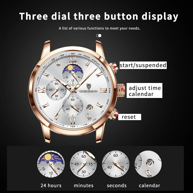 Men's Luxury Leather Waterproof Chronograph Sport Watch - Casual Business Style
