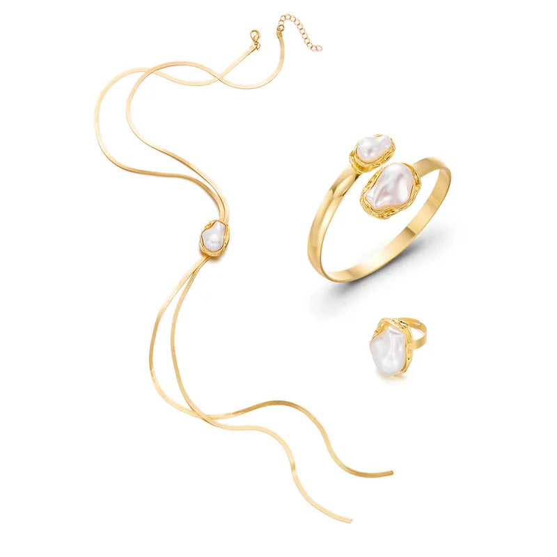 Elegant Pearl Jewelry Set for Women Vintage Snake Chain Necklace Open Cuff Bangle & Ring
