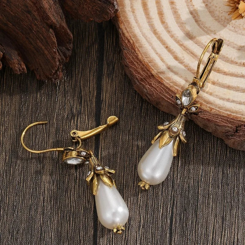 Vintage Water Droplet Pearl Earrings Ethnic Gold Carved Flower Dangle Jewelry for Women