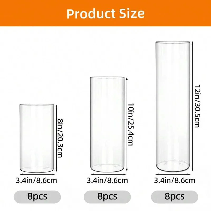 8pcs Clear Glass Cylinder Vases Set - Modern Flower & Wedding Centerpieces